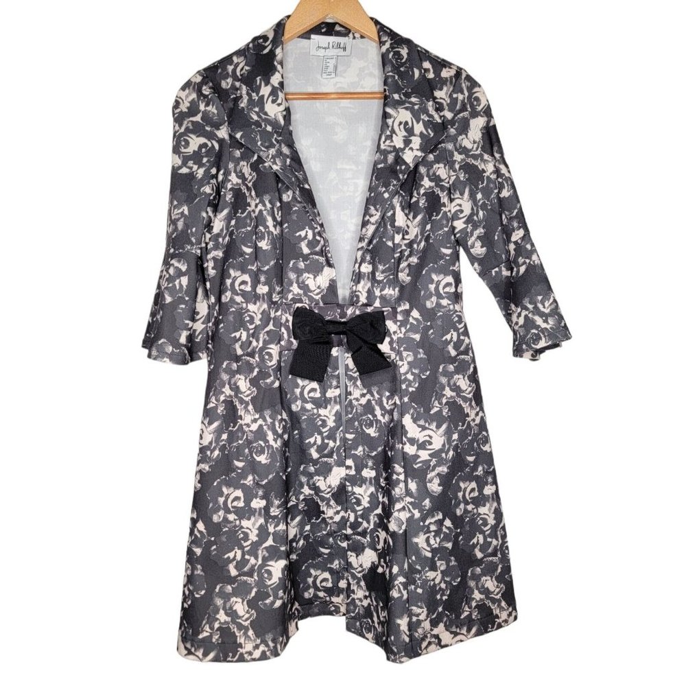 Joseph Ribkoff Size 6 Black / Gray Floral‎ Coat Women's Bow 3/4 Sleeves Jacket